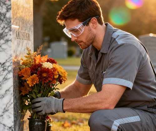 A family member laying fresh flowers on a grave